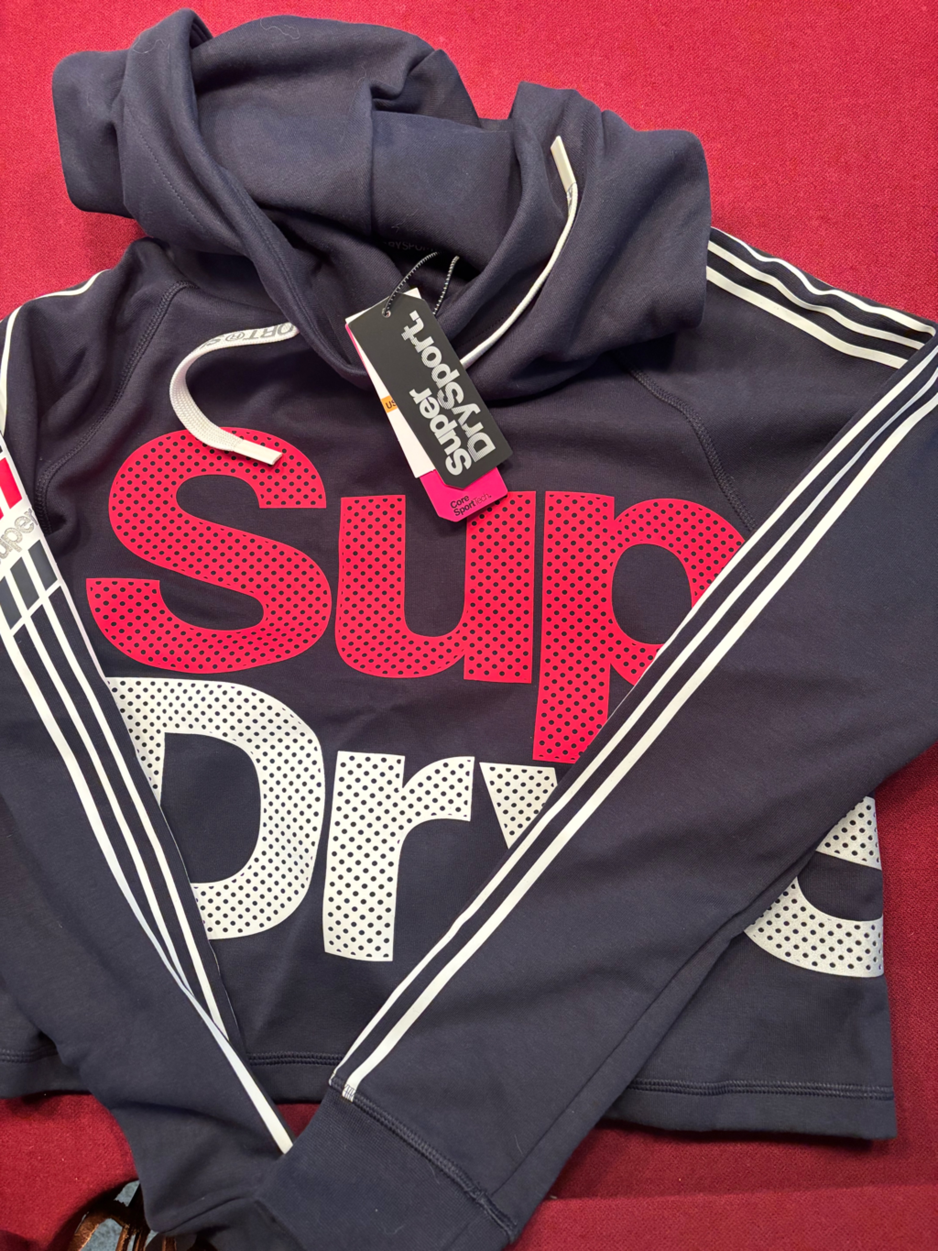 Superdry Navy Hoodie With Red & White Logo- Nwt
